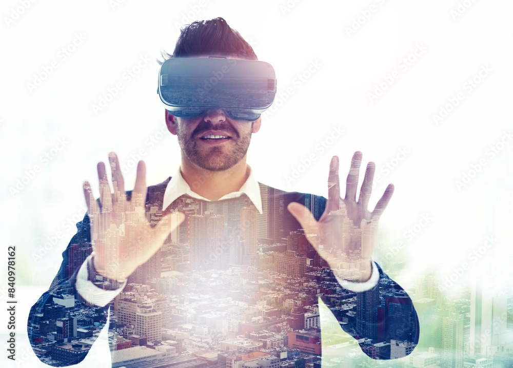 Poster Overlay, virtual reality and business man with city for metaverse, online networking and cyberworld. Digital, double exposure and worker with hands for user interface, vr simulation and website