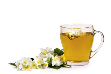 Fresh jasmine flowers and a tea cup isolated on a white background.