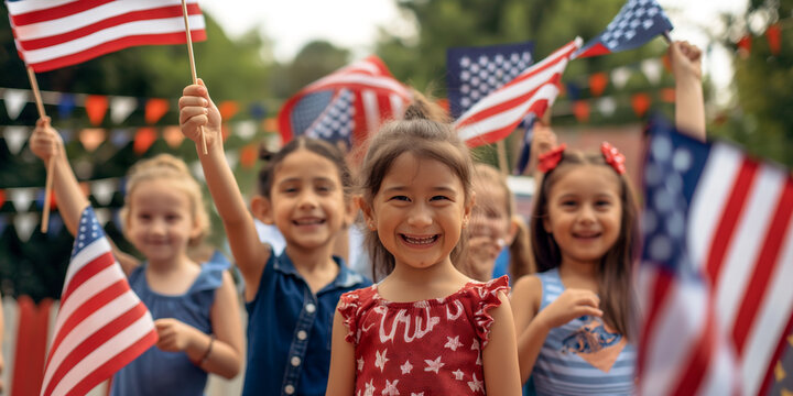 Group of kids in red, white, and blue outfits marching with American flags outdoors