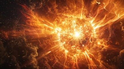 Obraz premium Fiery Explosion of a Star in Space Captured in Stunning Detail with Bright Orange and Yellow Flames Against a Dark Cosmic Background