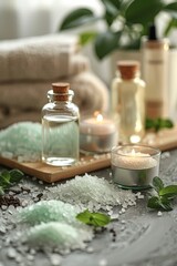 Spa Essentials with Bath Salts, Candles, and Towels in a Relaxing Setting for Wellness and Self-Care