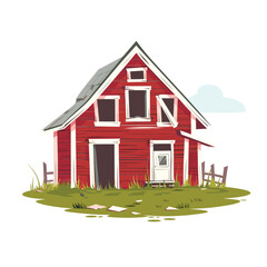 Red abandoned farmhouse surrounded overgrown grass, broken fence, fallen papers scattered. Old wooden structure weathered paint, neglected atmosphere, countryside. Isolated white background, serene