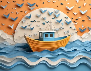 Fototapeta premium Cute boat at sea with birds