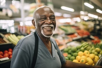 An elderly African-American man stands near the counter in a store and looks at the camera smiling. successful elderly salesman working in a fruit and vegetable store offering fresh produce.