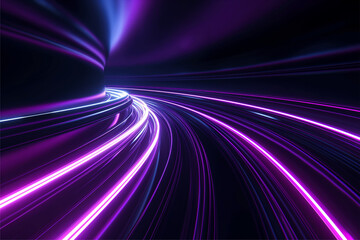 Blue purple light line through dark background, hyper speed warp in space