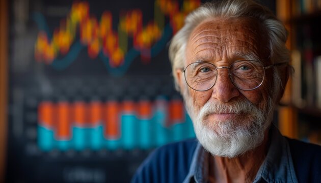Serious senior with finance graph background