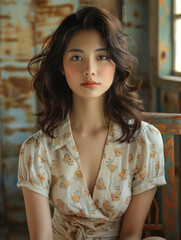 full body shot sitting with crossed legs on a chair,of Japanese female created with Generative AI technology