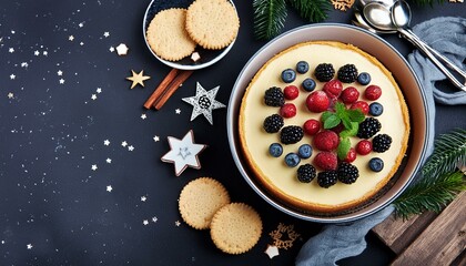 chess cake with fresh berries and cookies - selective focus, black background, free text, isolated; cooking recipe; view from above of a delicious baked cheesecake