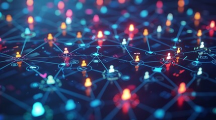 illustration connecting people on the internet, social network connection, glowing connections between people icons on dark blue background. Digital technology and online communication