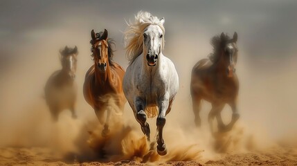Horses running in the desert dust, front view