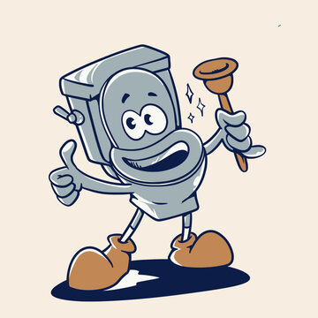 Toilet Mascot Holding Plunger Vintage Retro Vector Cartoon Illustration