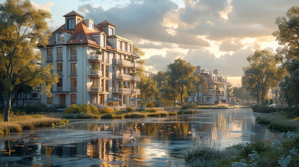 german apartment building, clean, nice weather, photorealistic created with Generative AI technology