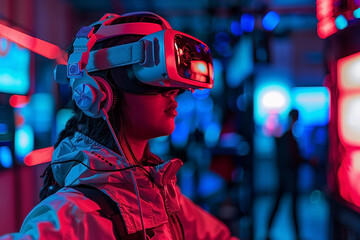 Adolescents donning futuristic gaming outfits and virtual reality glasses