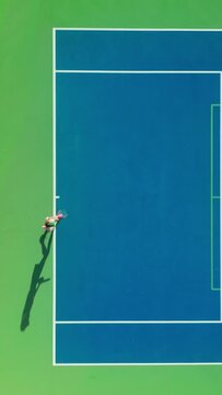 Vertical Screen: A tennis player practiced on a vibrant court under the sun, showcasing athleticism, dedication, and skill in the sport. The overhead view captured the essence of the players training