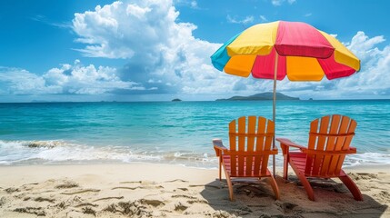 Two vibrant beach chairs facing the ocean under a bright blue sky, a colorful beach umbrella providing shade, gentle waves lapping the shore