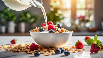 Fresh milk cascades over cereal, berries in cold, natural scene