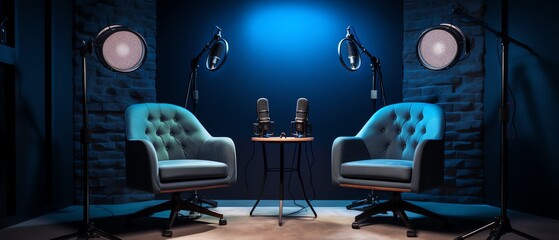 A stylish podcast setup featuring two modern chairs and a central microphone, illuminated by ambient lighting, set against a sophisticated studio backdrop
