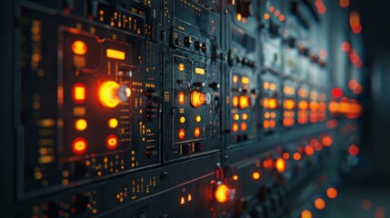 A control panel with rows of blinking buttons used to adjust the energy grid based on data collected from multiple sources.