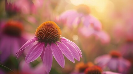 Close up of vibrant purple coneflower in autumn garden with pink blooms against a sunny backdrop