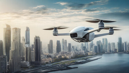 Futuristic manned roto passenger drone soaring over urban skyline, symbolizing future air transport innovation
