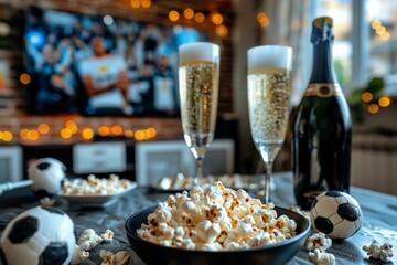 A bowl of popcorn and a glass of beer on a table prepare for watching soccer tournament