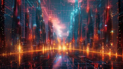 Fototapeta premium Futuristic Cyberpunk Cityscape with Neon Lights and Digital Grid, High-Tech Urban Environment, Sci-Fi Metropolis at Night, Advanced Technology and Architecture, Vibrant Colors and Dynamic Energy