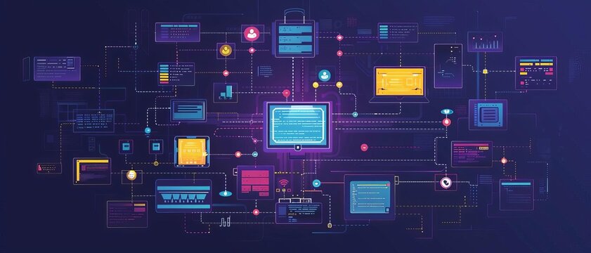 Software development lifecycle detailed flowcharts and coding screens