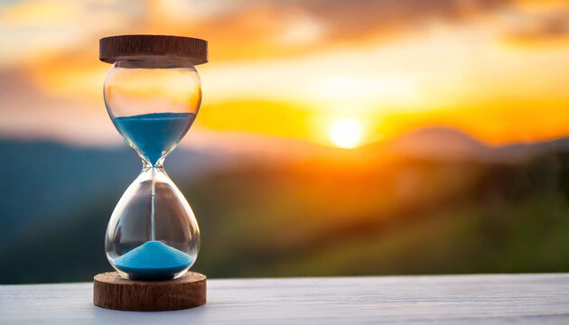 Hourglass against sunset backdrop, symbolizing fleeting time and urgency, perfect for illustrating time management concepts