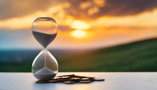 Hourglass against sunset backdrop, symbolizing fleeting time and urgency, perfect for illustrating time management concepts