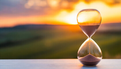 Hourglass against sunset backdrop, symbolizing fleeting time and urgency, perfect for illustrating time management concepts