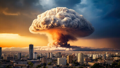 Devastating nuclear explosion depicted by mushroom cloud over city skyline, symbolizing apocalyptic destruction