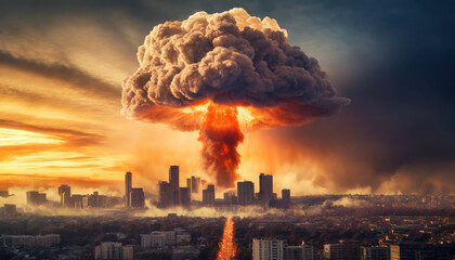 Devastating nuclear explosion depicted by mushroom cloud over city skyline, symbolizing apocalyptic destruction