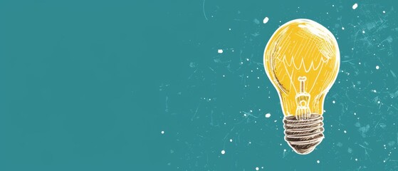 A yellow light bulb flying on a blue background with white doodles, a banner for an online course of creative thinking and idea generation with copy space.