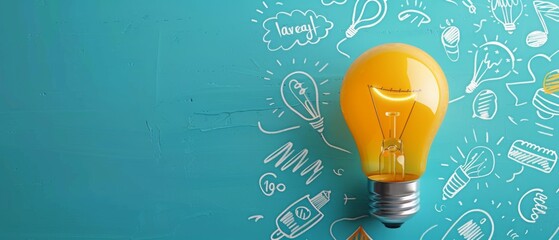 A yellow light bulb flying on a blue background with white doodles, a banner for an online course of creative thinking and idea generation with copy space.