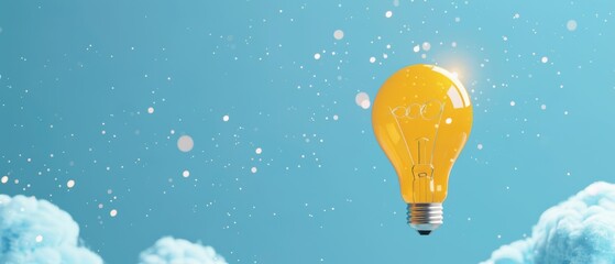 A yellow light bulb flying on a blue background with white doodles, a banner for an online course of creative thinking and idea generation with copy space.
