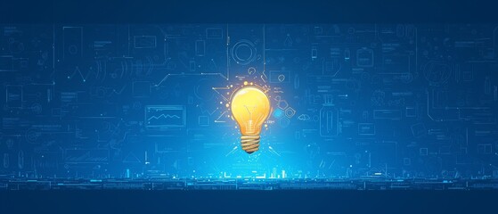 A yellow light bulb flying on a blue background with white doodles, a banner for an online course of creative thinking and idea generation with copy space.