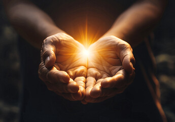 Hands holding light, rays creating aura effect on dark background