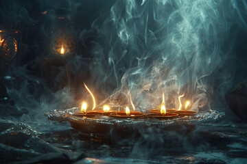 Enchanting Glowing Candles Illuminate the Mysterious Darkness, Creating a Magical Ambiance