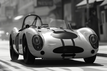 Obraz premium Vintage 1960s Racecar Cruising Through Urban City Street, Black and White Photo