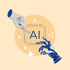 Robotic hand, cyborg, pointing his finger, human hand, stretched finger, teamwork, artificial...