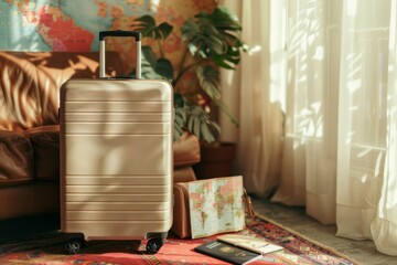 Cozy travel-themed room with a suitcase, maps, and natural light, perfect for adventurous planning and wanderlust inspiration.
