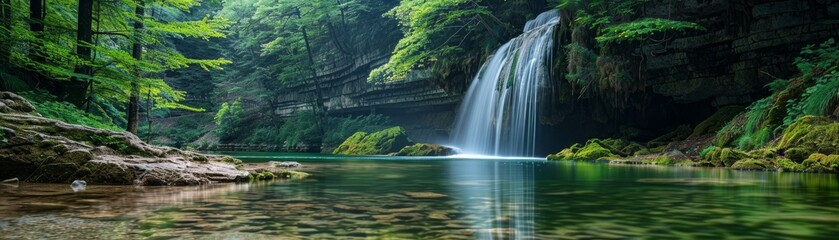 Fototapeta premium Tranquil waterfall cascading into a serene, clear pool surrounded by lush forest, creating a peaceful, natural landscape in vibrant green tones.