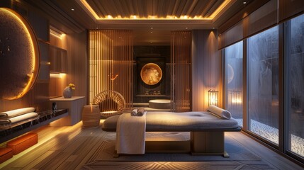 Luxurious spa room with ambient lighting and modern decor, featuring massage tables, large windows, and a tranquil atmosphere.
