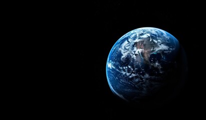 Fototapeta premium Wide Shot of Earth from Space Against a Dark Background with High Contrast Black and Blue Lighting, Minimalist Design