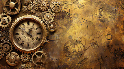 Naklejka premium Steampunk background with golden gears and clock faces. Detailed illustration
