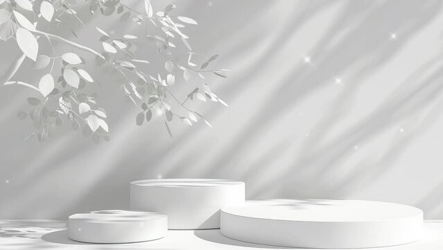 Empty white podium display for luxury product presentation for product showcase, presentation, cosmetic, beauty, promotion, etc. White background and white tree shadow. Podium fashion, podium beauty