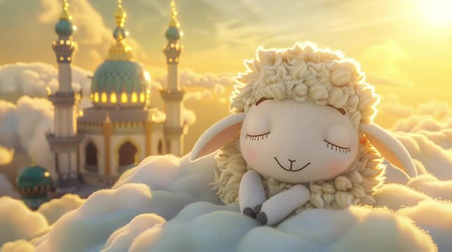 Whimsical scene of ied day sheep grazing on a fluffy cloud with a majestic mosque in the background
 Seamless looping 4k time-lapse virtual video animation background. Generated AI