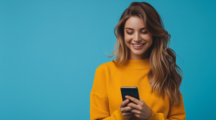 A young woman with long, flowing hair smiles brightly as she looks down at her smartphone. Shes wearing a yellow sweater and the background is a solid blue