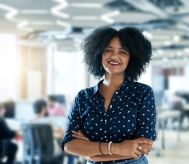 Portrait, smile and business woman with arms crossed for career, job or pride at creative startup...