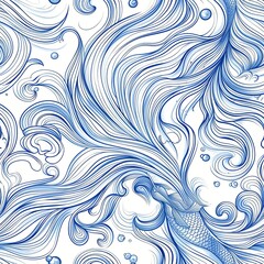 An abstract line drawing of a mermaid underwater, with the figure and surroundings depicted through a combination of flowing, intricate lines that create a sense of magic and mystery. Minimal pattern